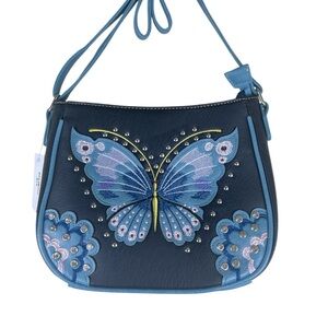 Western crossbody shoulder bag butterfly embroidery with studs black blue